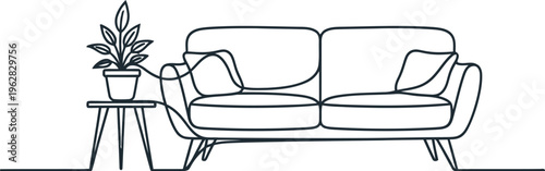 Continuous one line drawing of a cozy two-seater sofa with pillows, a small side table, and a potted plant, representing modern minimalist home interior design and decor.
