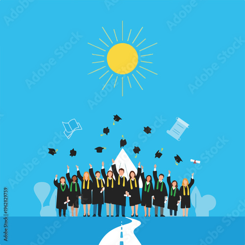 Group of graduates in robes celebrate with mortarboards in the air