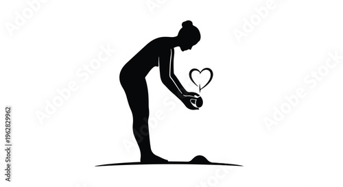 Person, represented by a sleek black silhouette, gently bends over, carefully holding a glowing heart-shaped object that radiates compassion and care, symbolizing kindness, empathy, and the profound.