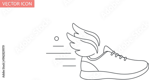Minimalist line art icon of a running shoe featuring stylized wings symbolizing speed travel and quick delivery services