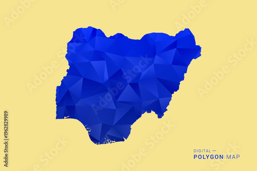 Nigeria Map - Low poly polygon map in deep blue gradient on soft beige background, modern minimal geometric design, clean abstract vector illustration with faceted triangulated style.