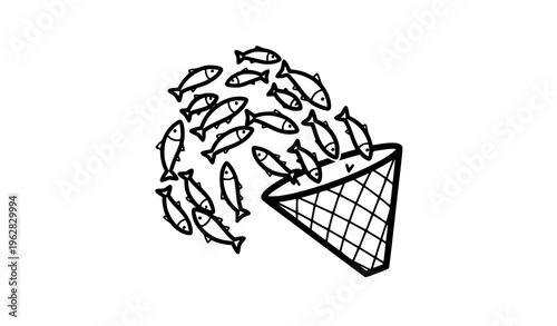 Fish school circular motion into net black and white line art vector fishing concept illustration