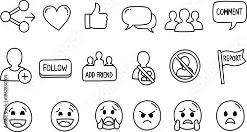 A collection of 20 simple line drawn emoticon faces and social media icons in black on a white background