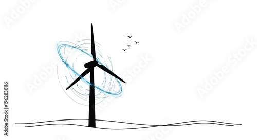 Wind turbine, depicted as a bold black silhouette, stands firmly on a white landscape, surrounded by dynamic blue swirling lines symbolizing renewable energy and environmental sustainability, with.