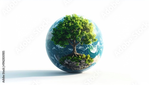 Globe with lush green tree growing from a rocky continent, white background