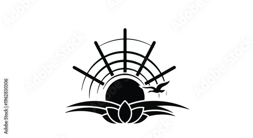 Abstract black and white illustration depicting a serene sunrise over stylized waves, featuring a graceful lotus flower and a soaring bird, symbolizing peace, new beginnings, freedom, and harmony.