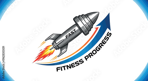 A vibrant illustration depicts a fast silver rocket with 'FAST' written on its side, launching rapidly upwards following an arrow indicating significant 'FITNESS PROGRESS' on a white background.