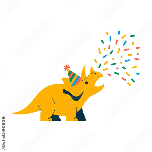 Cute yellow triceratops dinosaur wearing a colorful party hat celebrating with bright multi colored confetti falling down in a playful minimalist vector illustration style