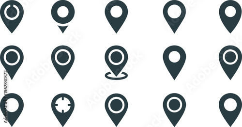 Fifteen Dark Blue Location Pin Icons with Circular and Target Designs Keywords: location pin, map marker, navigation, destination, pointer, pin
