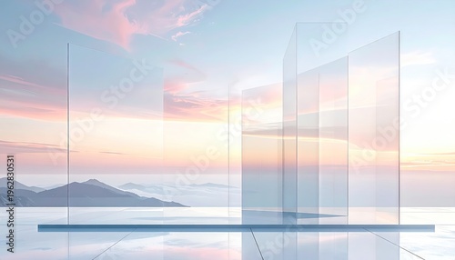 Transparent glass panels frame a pastel sunset over distant mountains