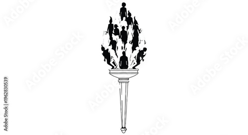 Torch with human silhouettes forming the flame, symbolizing collective spirit, community, teamwork, and the enduring power of unified effort to ignite change and progress for a shared future.