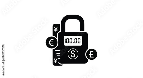 Padlock icon with currency symbols and numbers, representing financial security, protected investments, and the safeguarding of monetary assets within the global economic landscape, emphasizing.