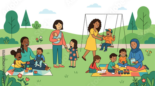 Colorful illustration of diverse mothers and children spending quality time together in a park. Families from different cultural backgrounds are bonding, playing, reading, and enjoying outdoor