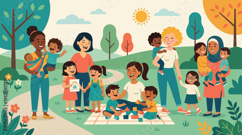 Colorful illustration of diverse mothers and children spending quality time together in a park. Families from different cultural backgrounds are bonding, playing, reading, and enjoying outdoor