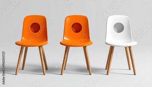 Three modern chairs, two orange and one white, on light gray background