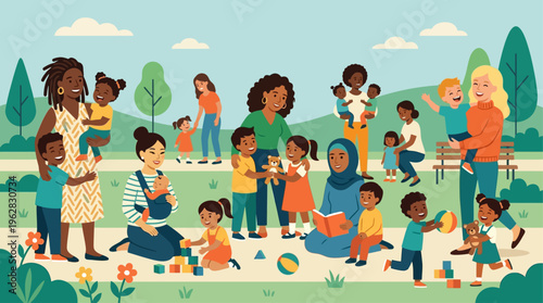 Colorful illustration of diverse mothers and children spending quality time together in a park. Families from different cultural backgrounds are bonding, playing, reading, and enjoying outdoor