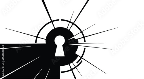 Keyhole graphic with radiating lines bursting forth, symbolizing opportunity, discovery, and the unlocking of secrets or solutions within a conceptual business context, offering a clear path forward.