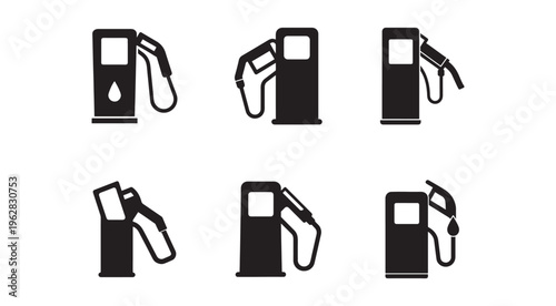 Set of black and white icons depicting various fuel pump nozzles and dispensers for gasoline or diesel stations with different angle views  fuel pump icons