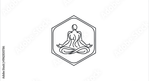 Simple minimalist line art illustration of a person meditating in a serene lotus yoga pose enclosed within a clean hexagonal frame, representing spiritual wellness and calm balance.