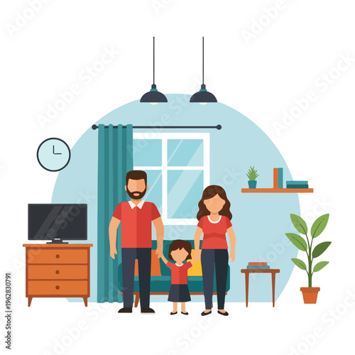 Illustration of a family in a living room setting, simple style