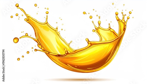 Vibrant splash of amber liquid, rendered with highlights, against a white backdrop