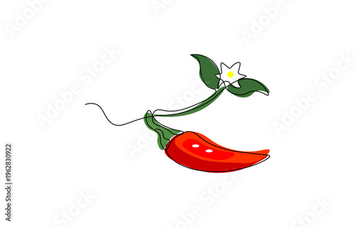 Red chili pepper with leaves continuous line vector illustration