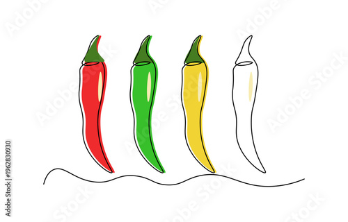 Set of colorful chili peppers continuous line vector illustration