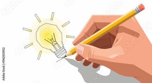 A hand holding a pencil draws a glowing light bulb on a plain white background, symbolizing a creative idea through writing and illustration.