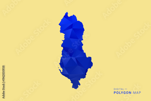 Albania Map - Low poly polygon map in deep blue gradient on soft beige background, modern minimal geometric design, clean abstract vector illustration with faceted triangulated style.