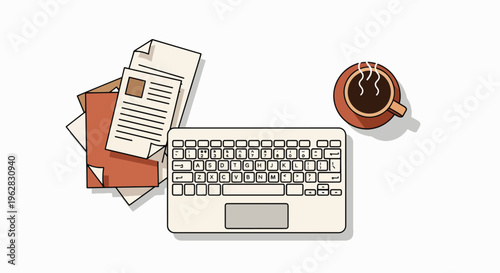 Flat lay illustration of a laptop, papers, and a cup of coffee on a plain white background, conveying a productive workspace for writing and working.