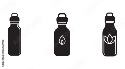 Set of black and white metal water bottles with different designs on caps and bodies  isolated on white background