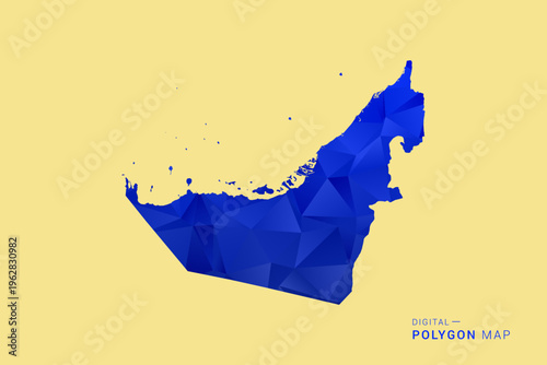 United Arab Emirates Map - Low poly polygon map in deep blue gradient on soft beige background, modern minimal geometric design, clean abstract vector illustration with faceted triangulated style.
