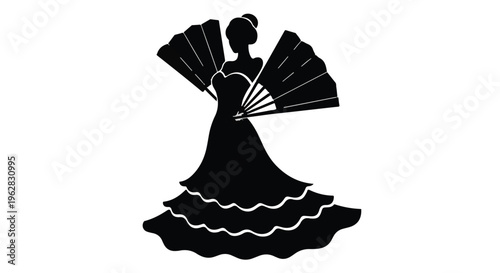 Woman silhouette wearing a layered vintage gown while holding two traditional handheld fans in a graceful pose that represents classic elegance and refined cultural artistic expression.