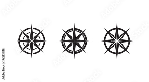 Set of black compass rose navigation symbols in different styles for design and orientation purposes  navigation tools