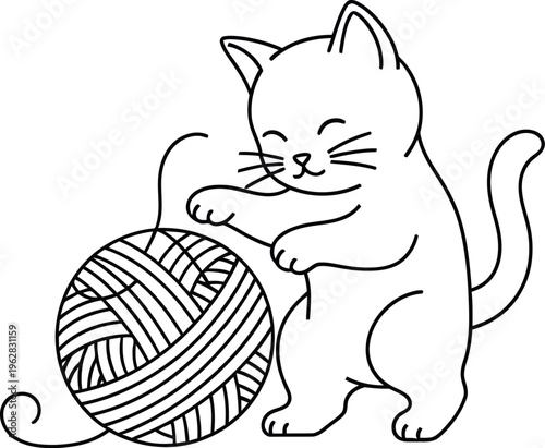 Adorable playful white kitten joyfully interacting with a colorful ball of yarn, creating a charming and sweet illustration for children's books and pet-themed designs.