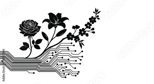Flowers including roses and lilies emerge from a complex computer motherboard pattern to represent the harmonious fusion of delicate natural biology and advanced artificial intelligence systems.