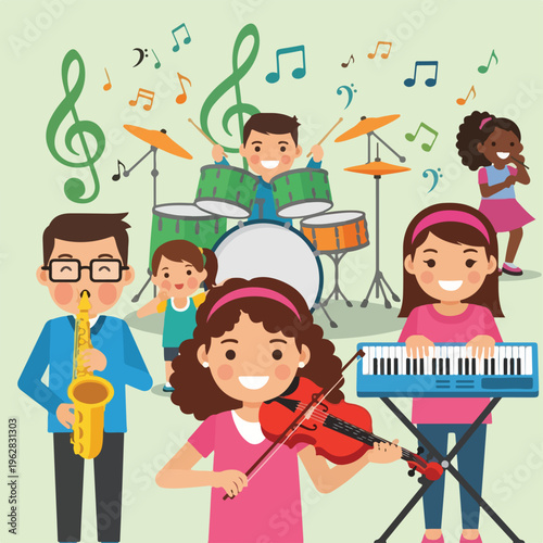 Group of children playing musical instruments together