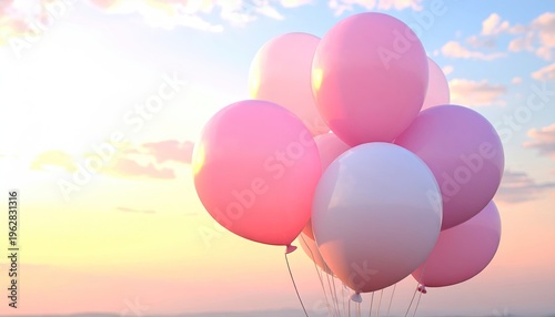A bunch of pink balloons floats against a sunrise sky