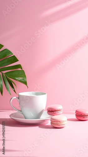 Pink scene with coffee cup, macarons, and tropical leaves, bathed in light