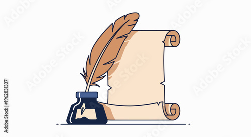Illustration of a quill pen in an inkwell with a scroll on a plain white background, conveying a historical writing setup in a simple graphic style.