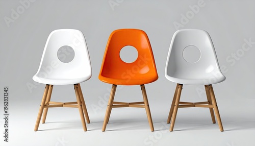 Three modern chairs, one orange, centered, flanked by two white chairs