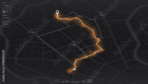 Futuristic GPS navigation map with glowing route path, dark mode city map interface showing distance and travel time data