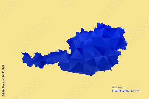 Austria Map - Low poly polygon map in deep blue gradient on soft beige background, modern minimal geometric design, clean abstract vector illustration with faceted triangulated style.
