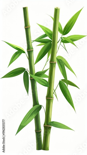 Digital art of two vibrant green bamboo stalks with lush leaves