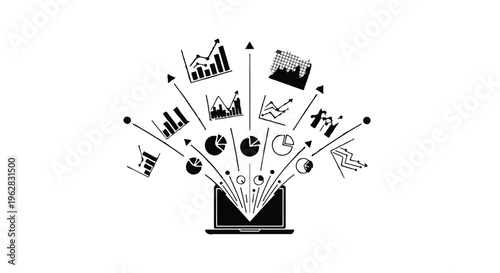 Laptop displaying various analytical charts and data visualization elements represents a modern business environment where digital information flows seamlessly to support strategic decision making.
