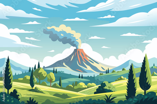 A vibrant illustration of a volcanic eruption amidst a scenic landscape