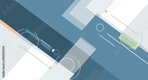 Geometric abstract composition with overlapping shapes, lines, and circles