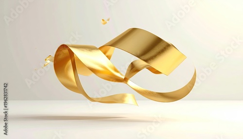 Elegant gold ribbon swirls, suspended against a softly lit background