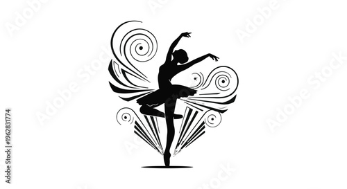 Ballerina silhouette gracefully executes a classic dance pose while surrounded by decorative swirling patterns that emphasize the elegance and artistic fluidity of professional ballet movements.