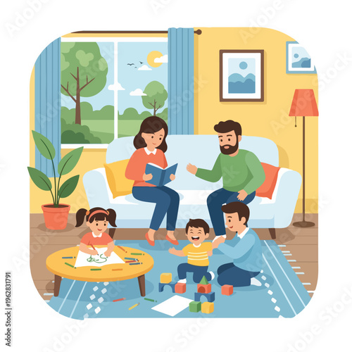 Illustration of a family inside, reading, drawing, and playing blocks